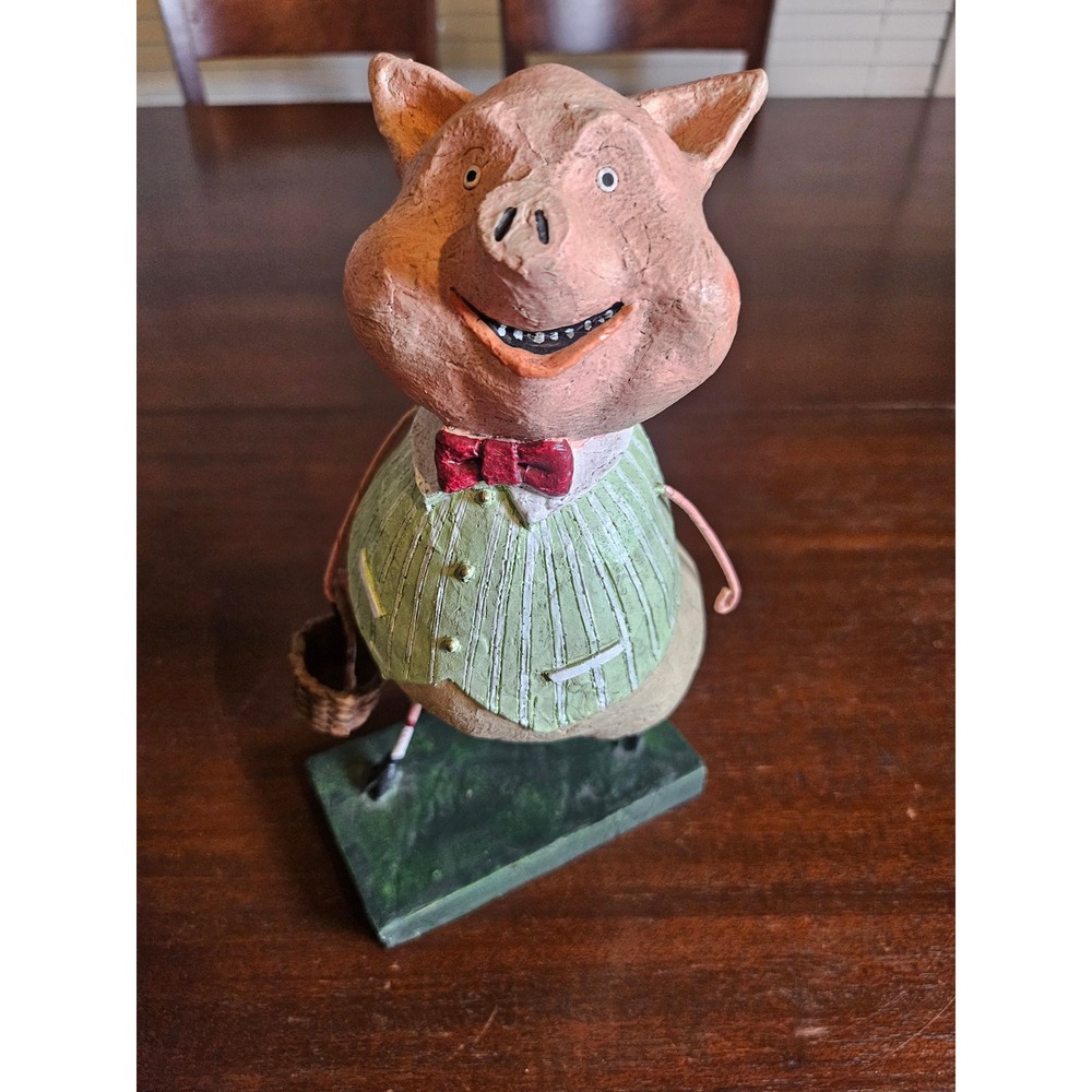 Pig Figurine Home Decor Small Pink Green Folk Art Basket Bow Tie
